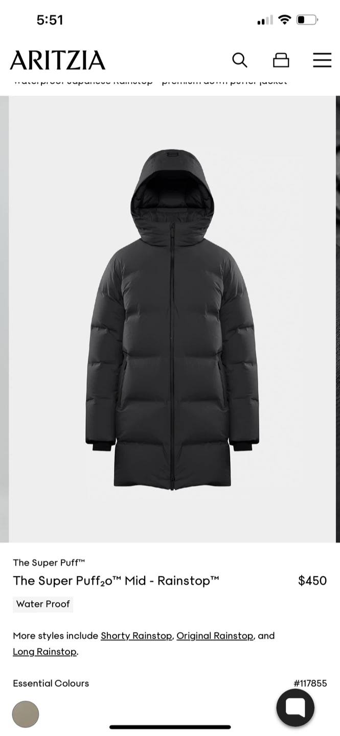 Aritzia The Super Puff20 Mid Black Rainstop Jacket Size S