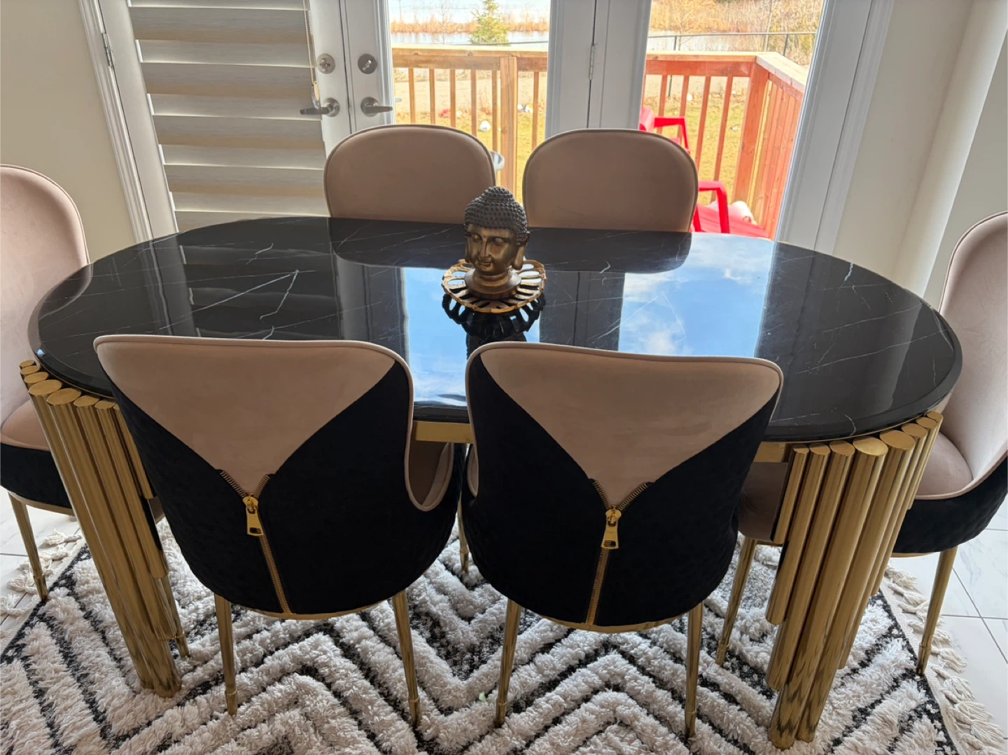 Modern Glam Marble Dining Table Set – Gold Base