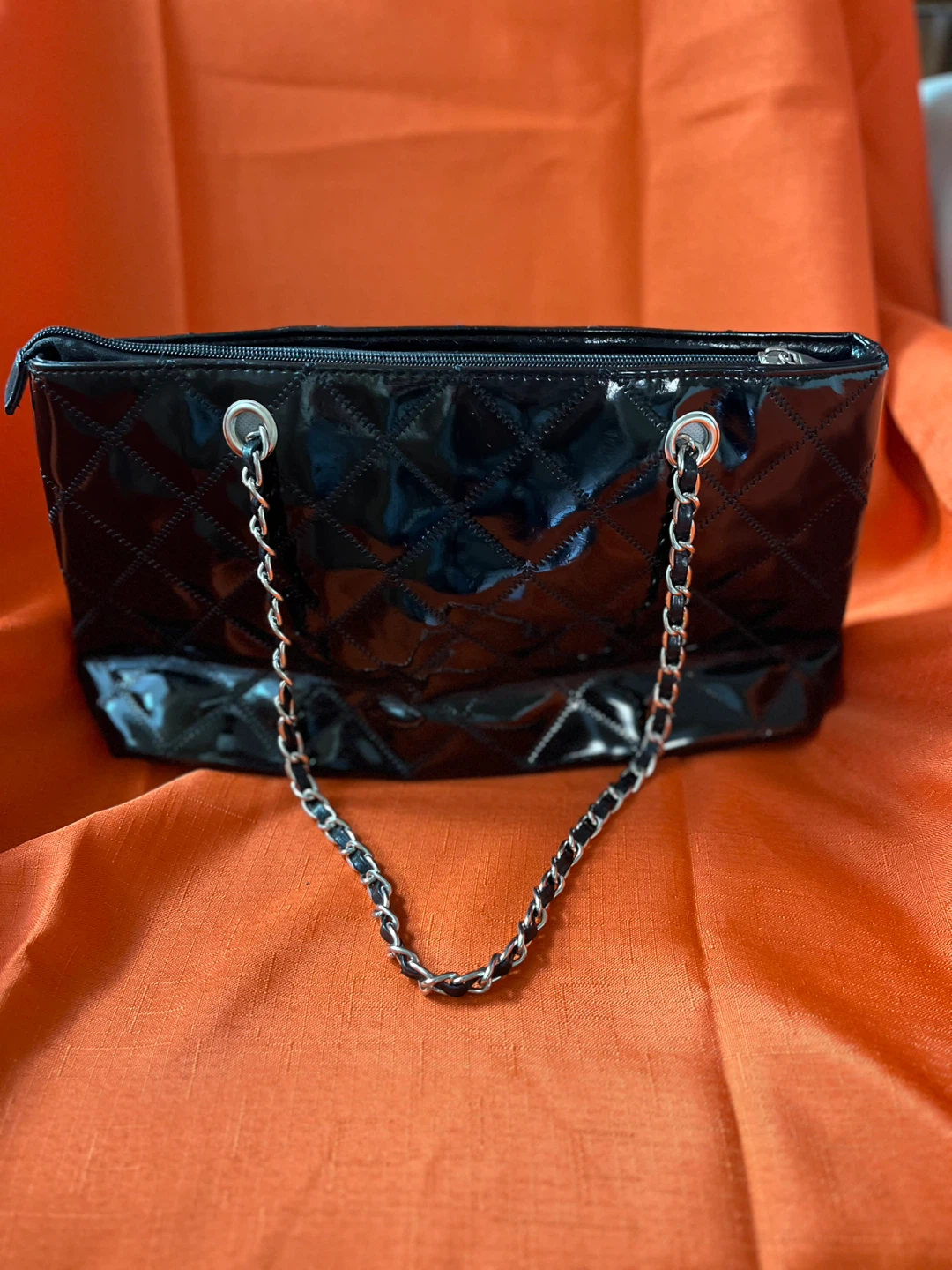 Black Quilted Patent Leather Clutch with Chain - photo 4