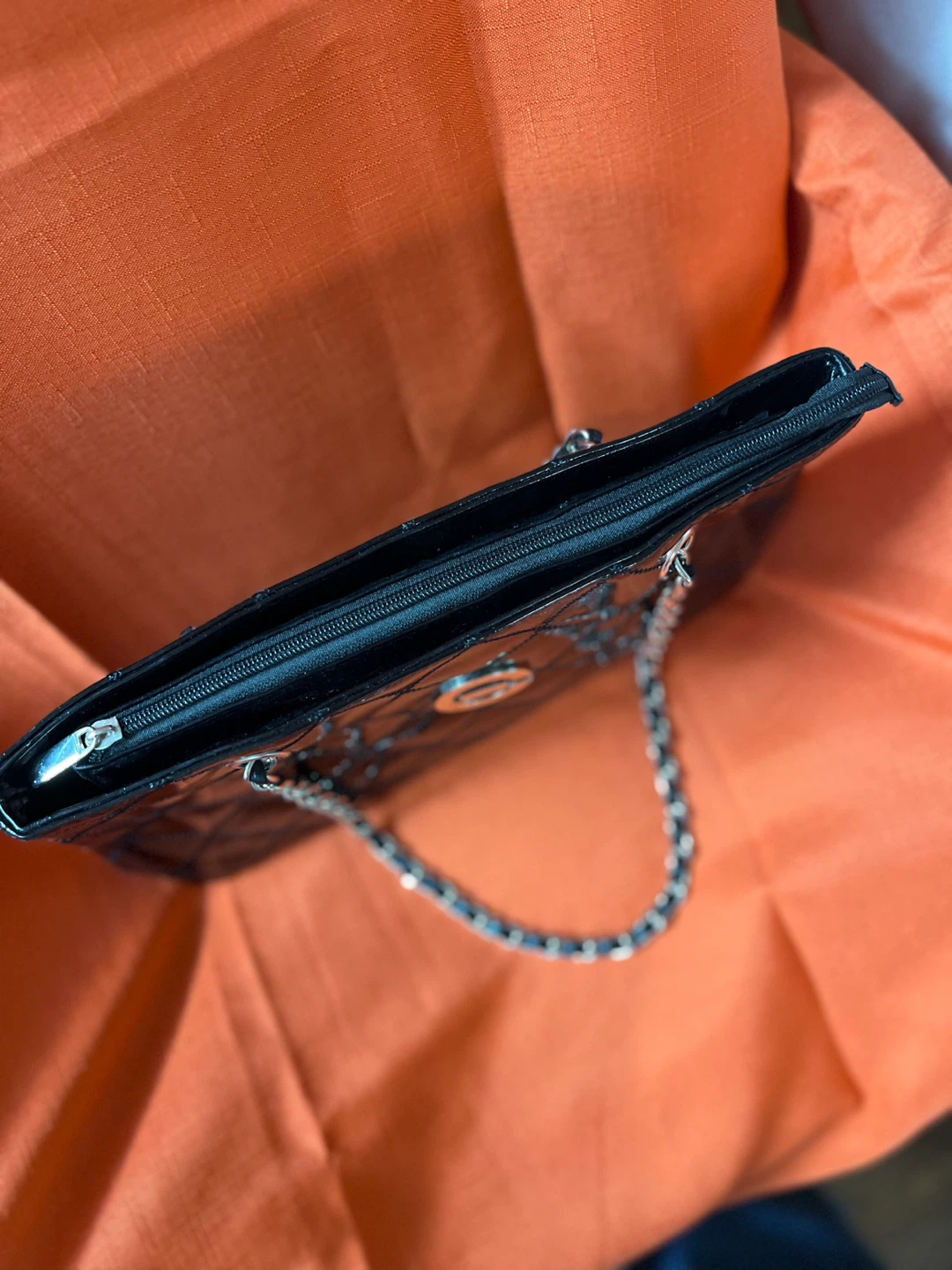 Black Quilted Patent Leather Clutch with Chain - photo 3