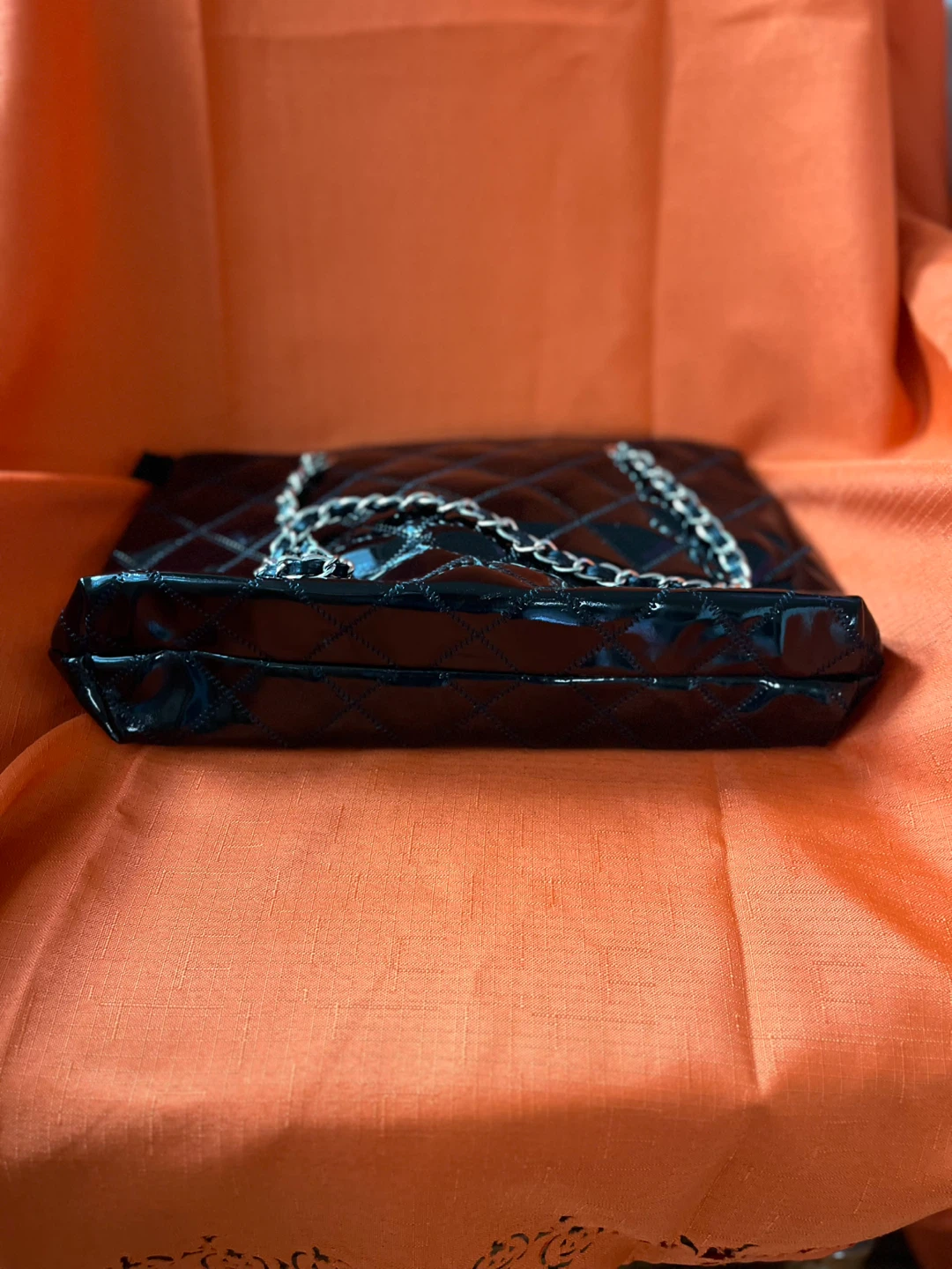 Black Quilted Patent Leather Clutch with Chain - photo 5