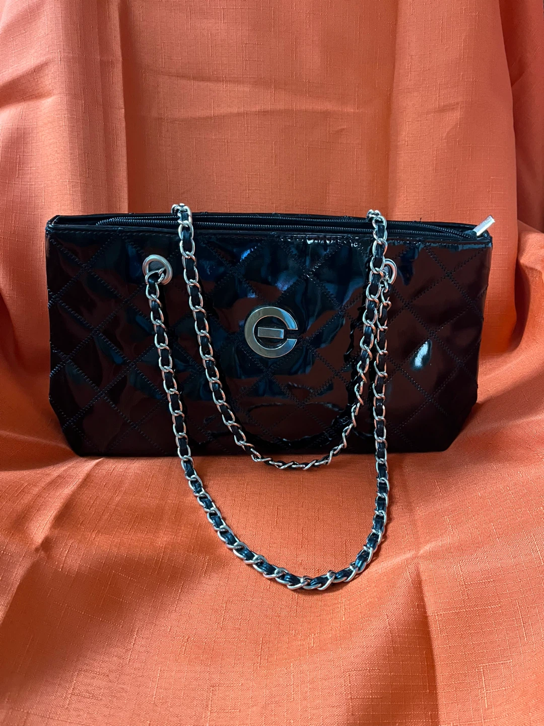 Black Quilted Patent Leather Clutch with Chain