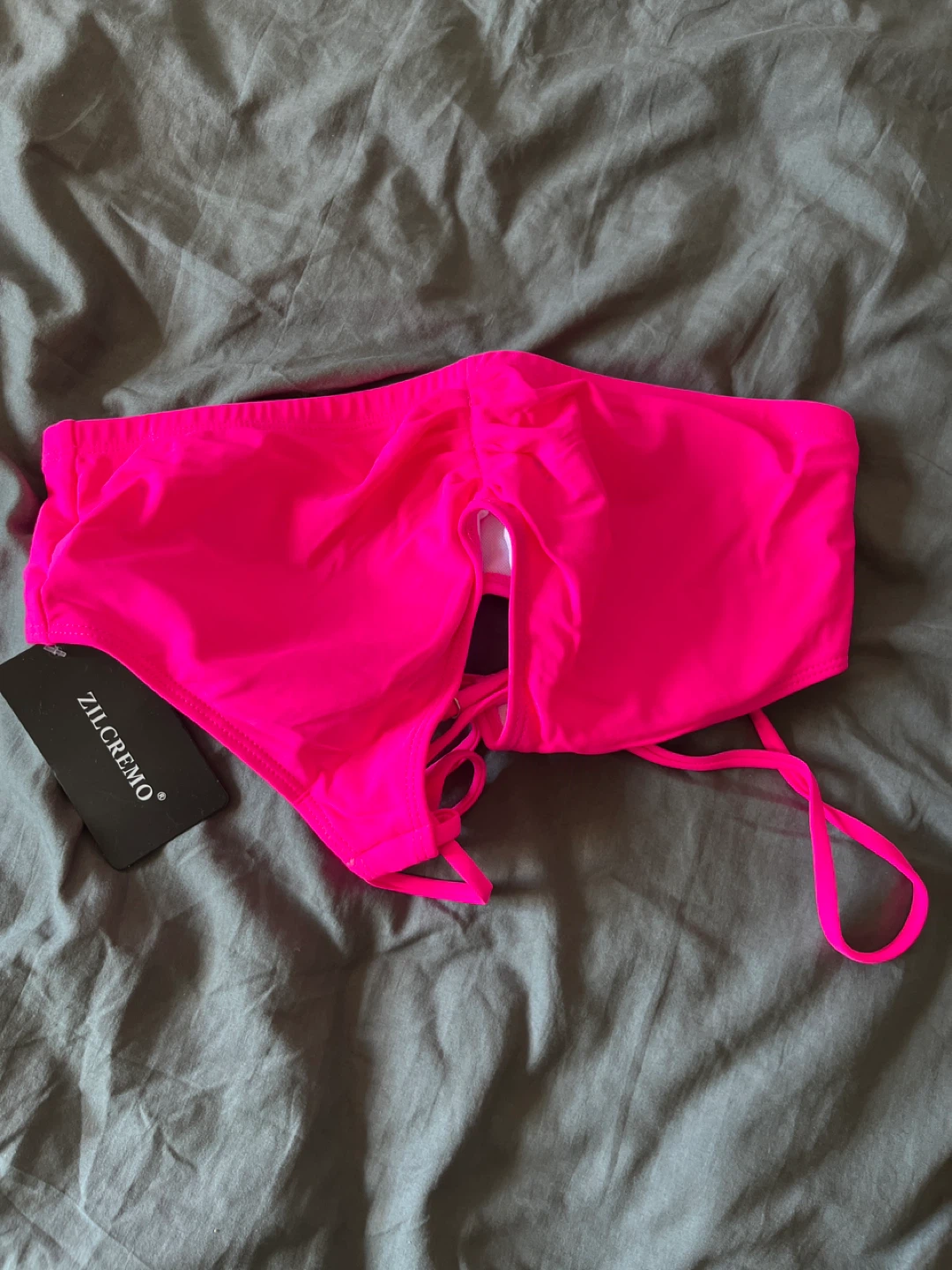 M Size- ZILCREMO Neon Pink Ruched Bandeau Bikini Top Size M