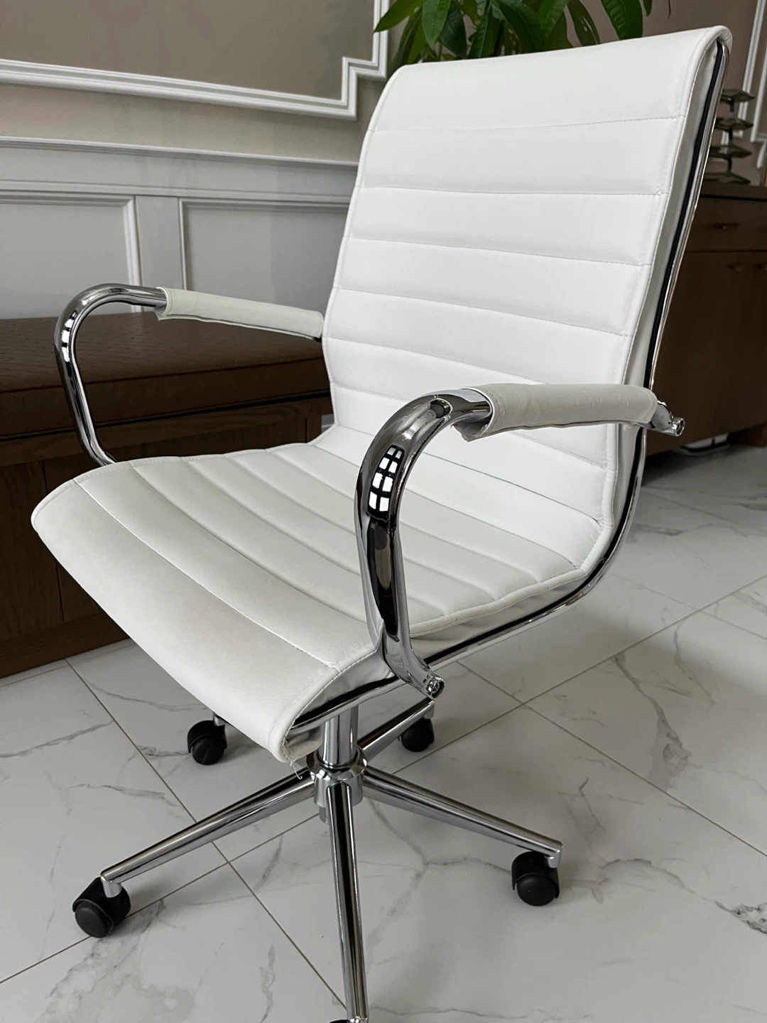 White Faux Leather Office Chair with Chrome Accents - photo 2