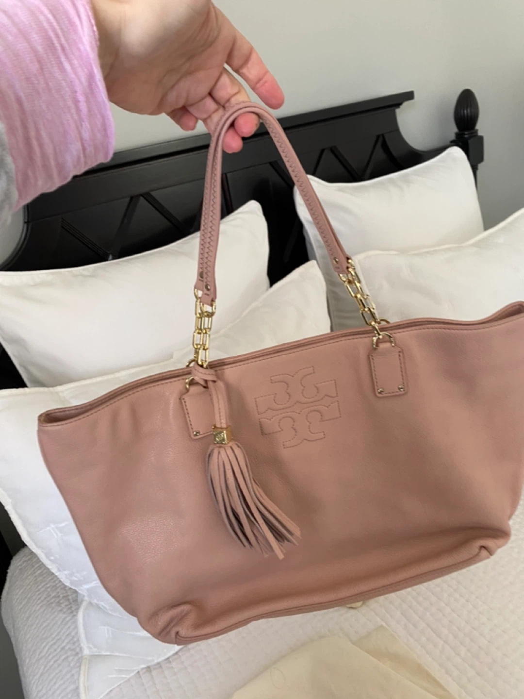 Tory Burch Pink Leather Tote Bag with Tassel