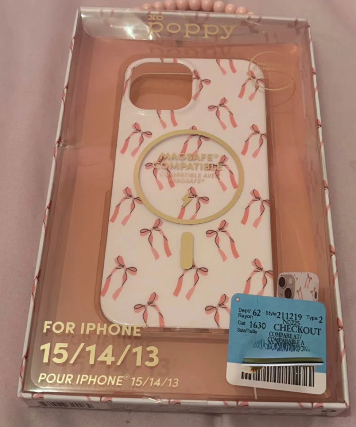 XO Poppy Phone Case for iPhone 15/14/13 - White with Pink Bows