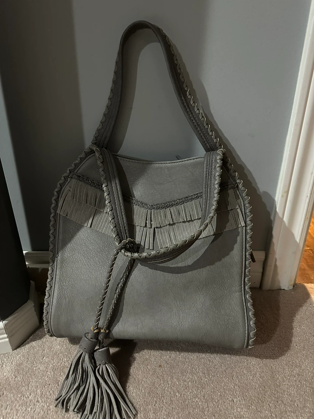 STEVEN Grey Faux Leather Fringe Hobo Bag