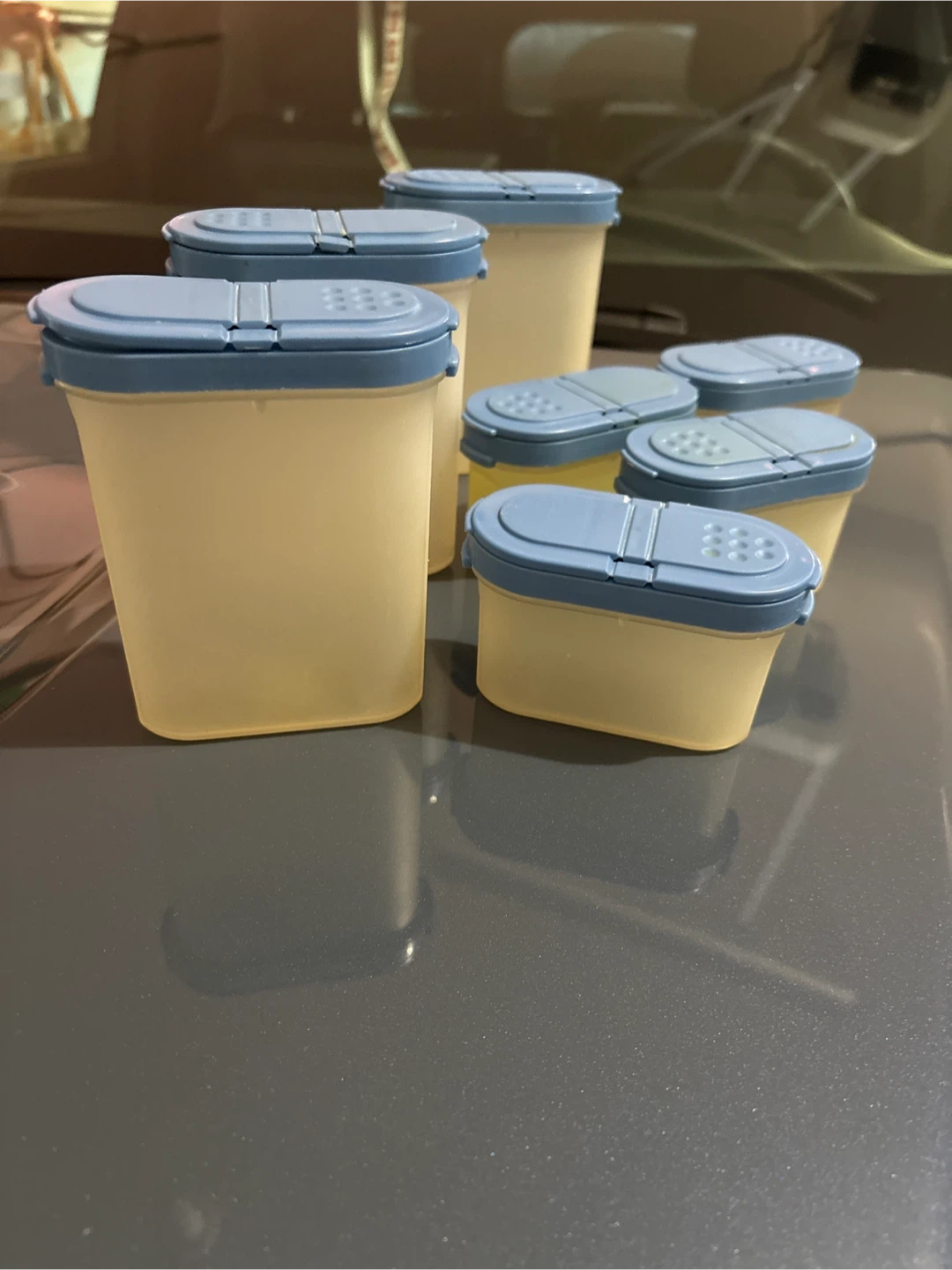 Set of 6 Tupperware Spice Jars with Blue and Red Lids