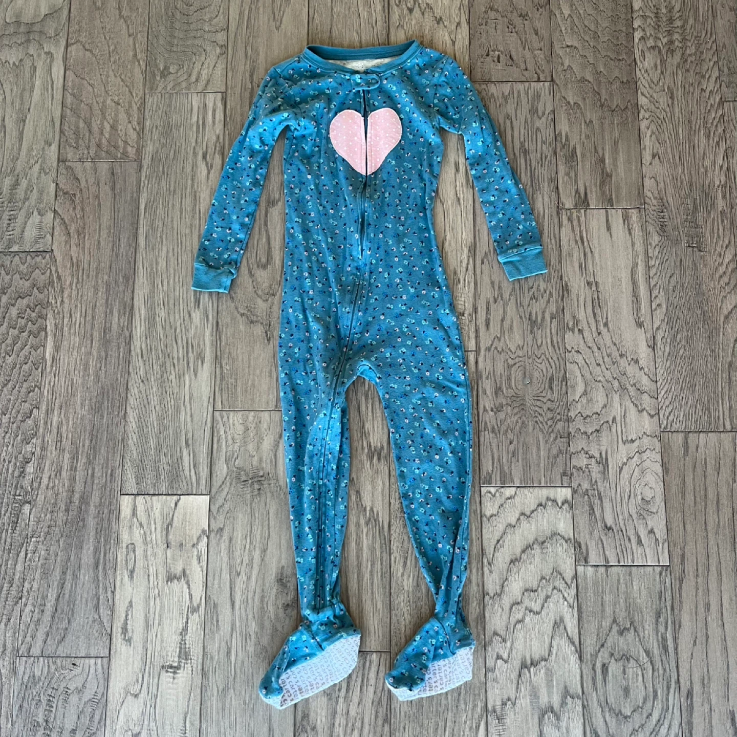 Carter's Blue Floral Footed Pajamas with Pink Heart Size 5T