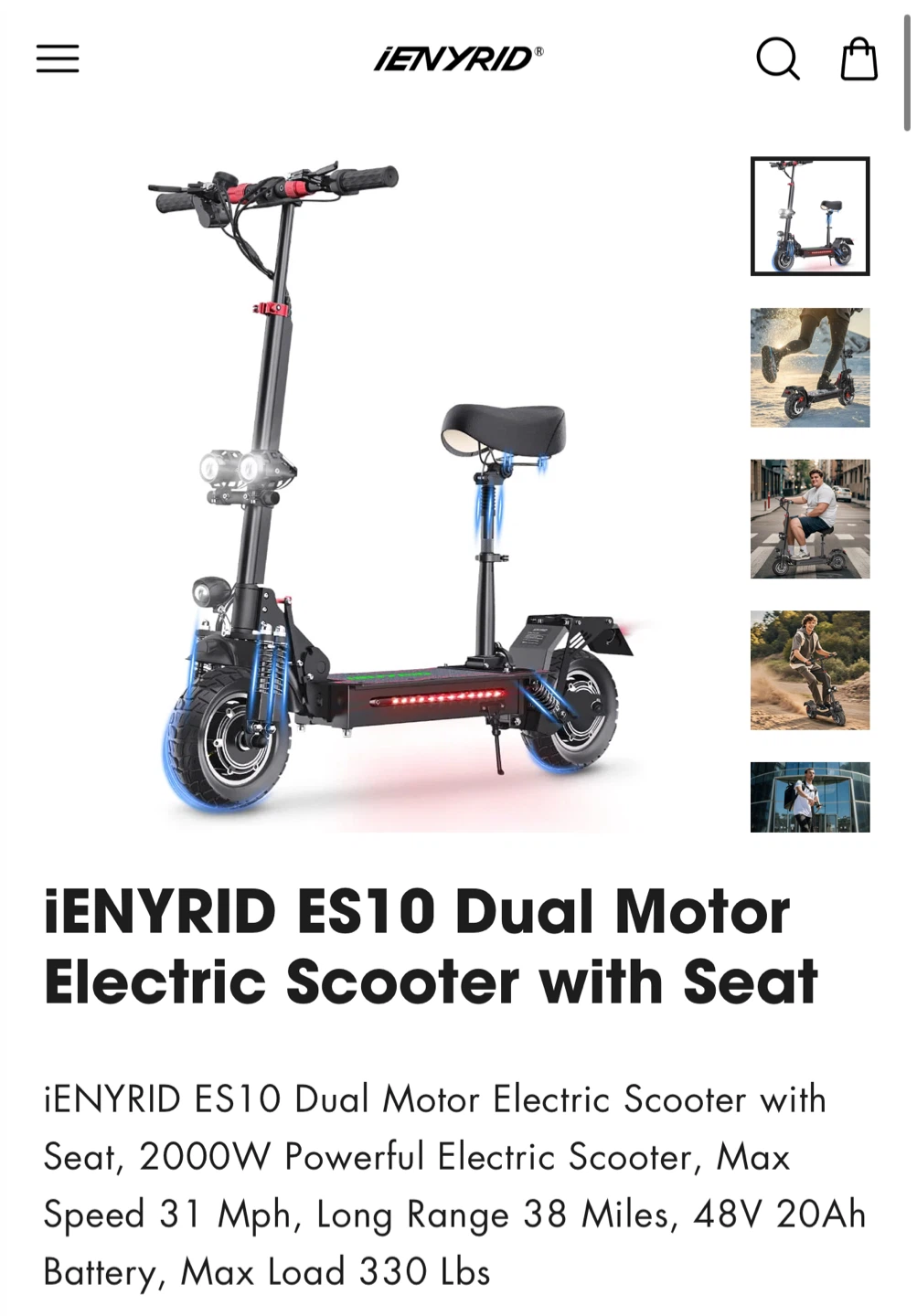 iENYRID ES10 Dual Motor Electric Scooter with Seat