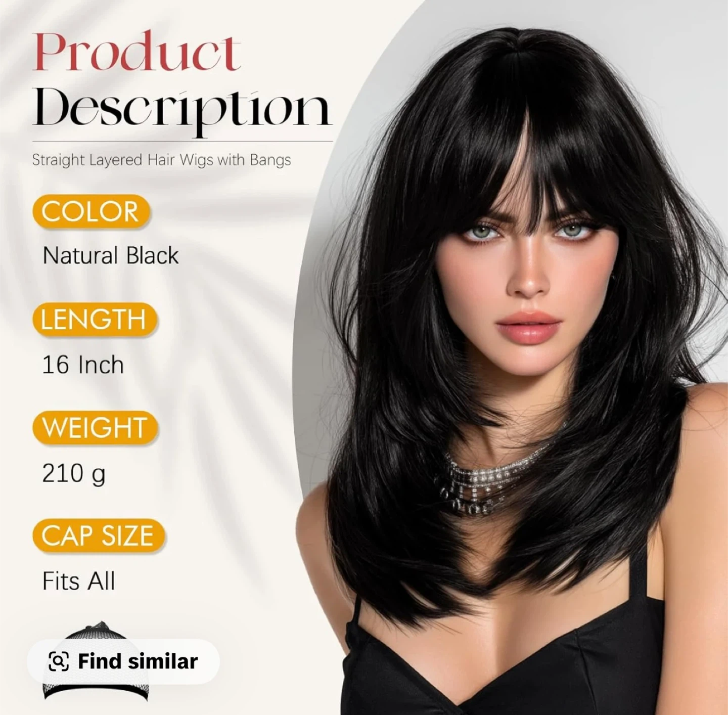 SOFEIYAN Natural Black Straight Layered Wig with Bangs - 16 Inch