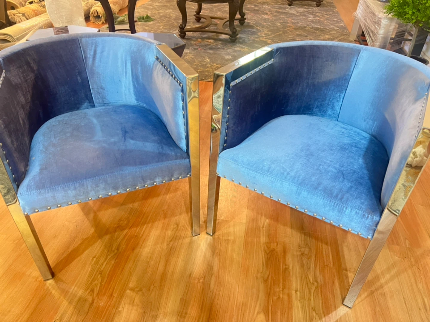 Set of 2 Blue Velvet Accent Chairs with Chrome Legs