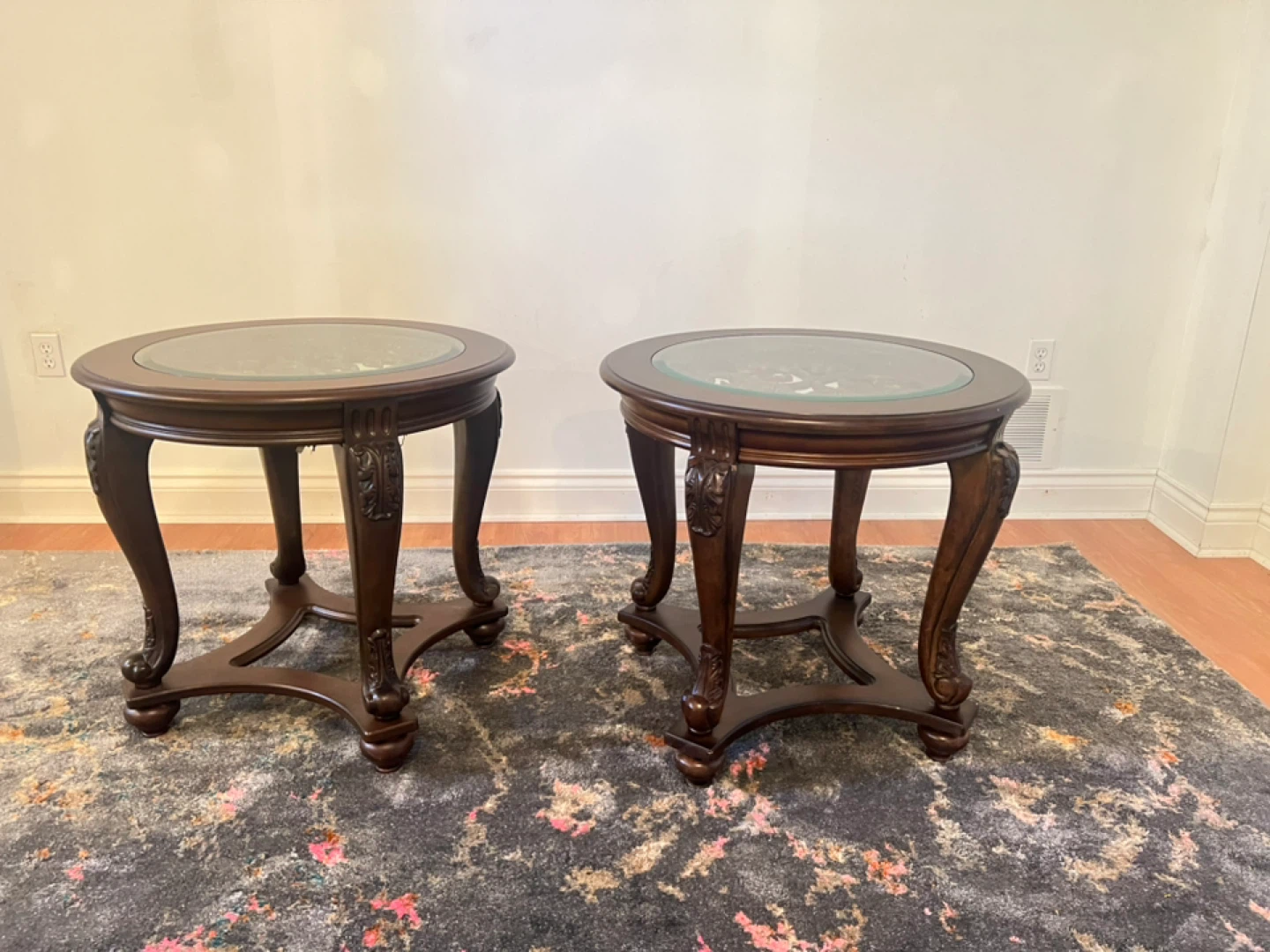 Set of 2 Round Wood & Glass Accent Tables