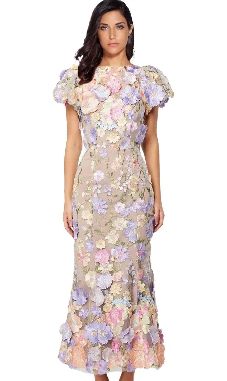 NEW! Embroidered Puff Sleeve 3D Lace Floral Maxi Dress