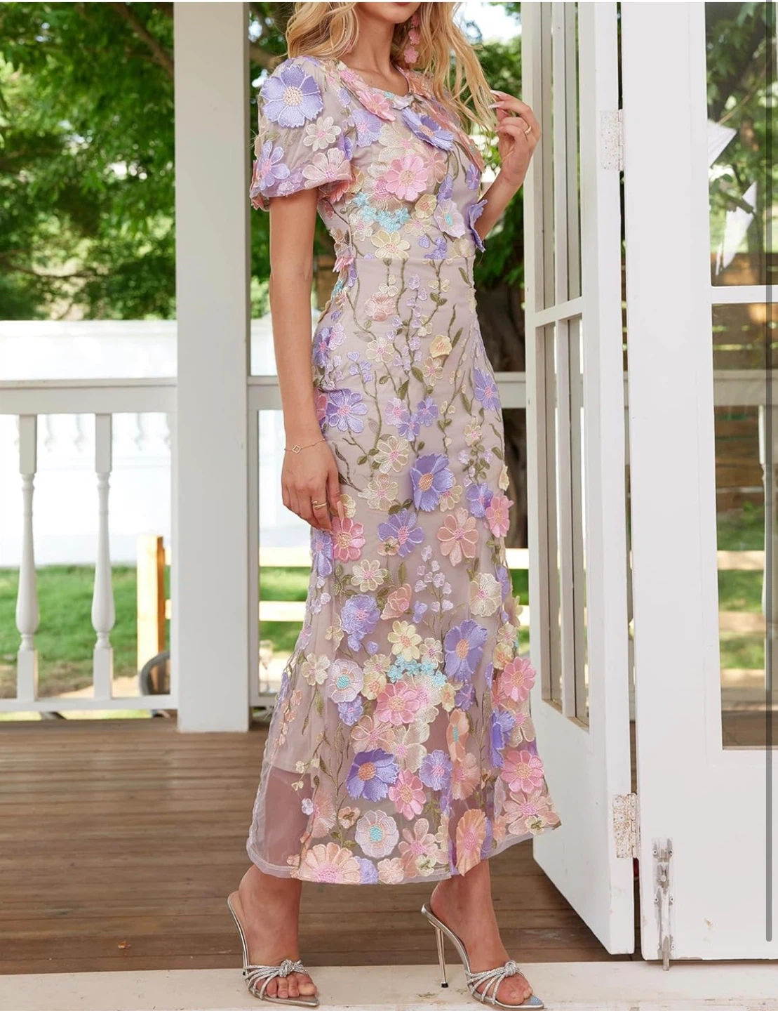 NEW! Embroidered Puff Sleeve 3D Lace Floral Maxi Dress - photo 2