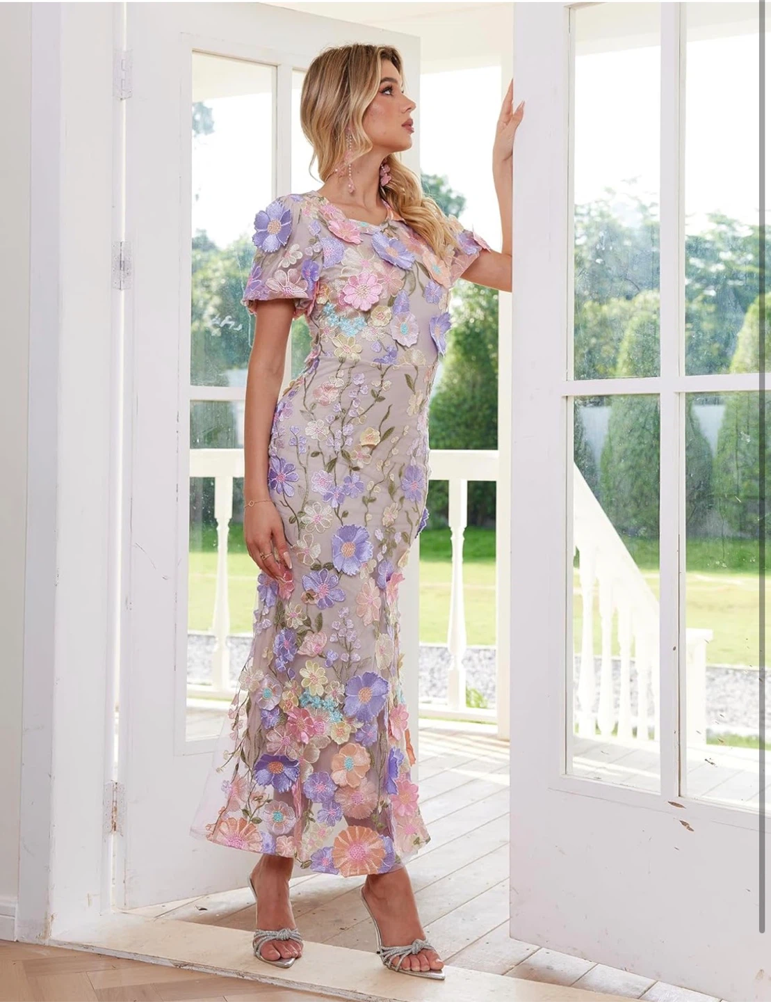 NEW! Embroidered Puff Sleeve 3D Lace Floral Maxi Dress - photo 4