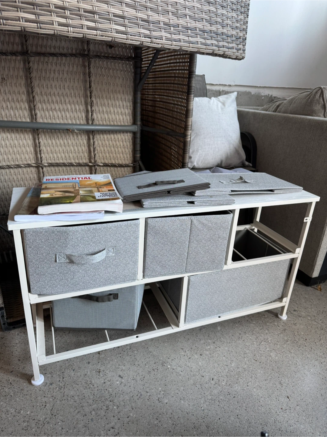 White Storage Shelf Unit with Grey Fabric Drawers