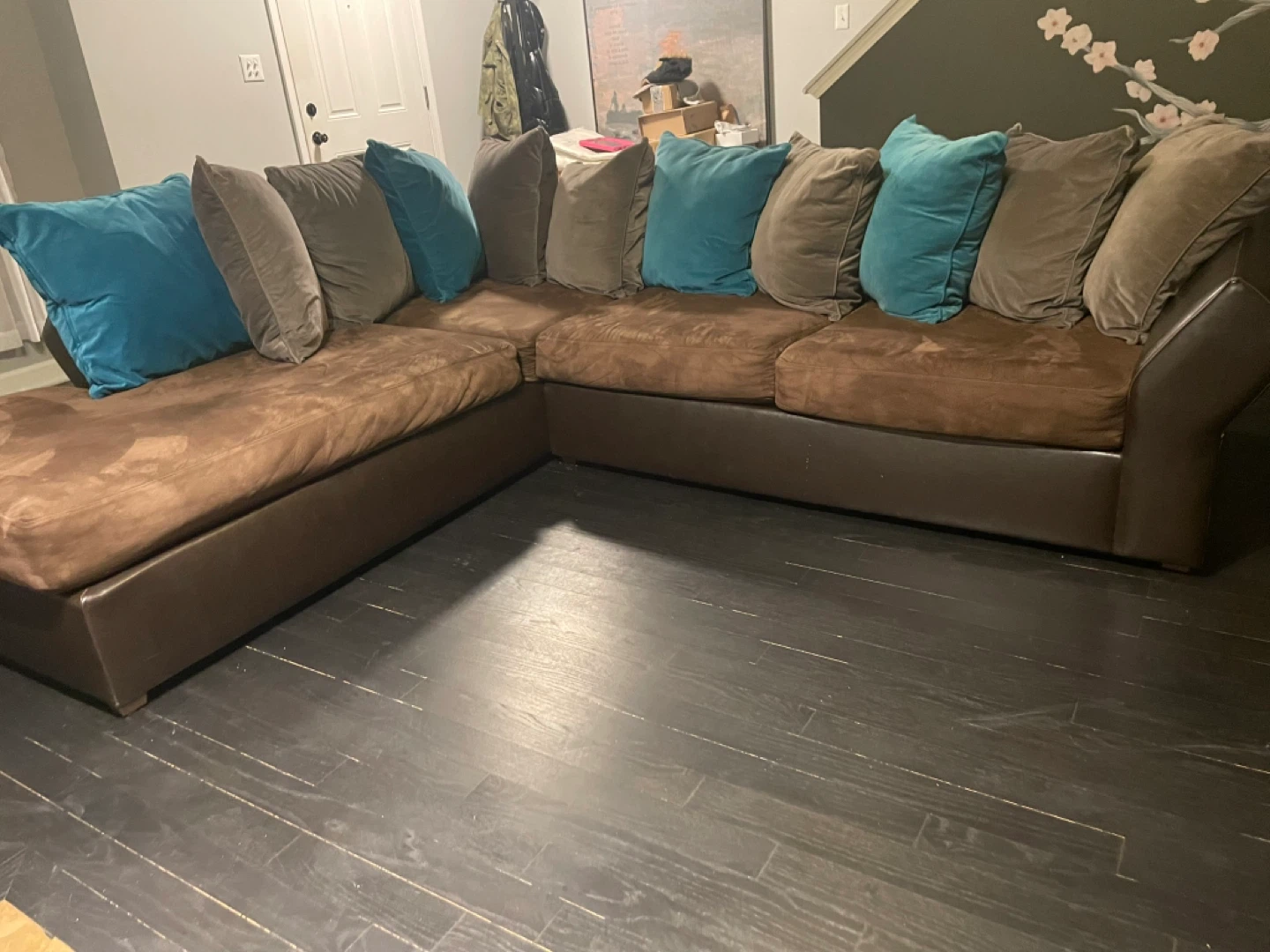 Brown Sectional Couch with Teal and Tan Pillows - photo 2