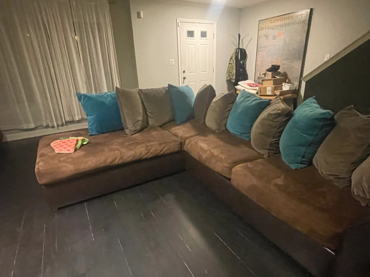 Brown Sectional Couch with Teal and Tan Pillows - photo 3