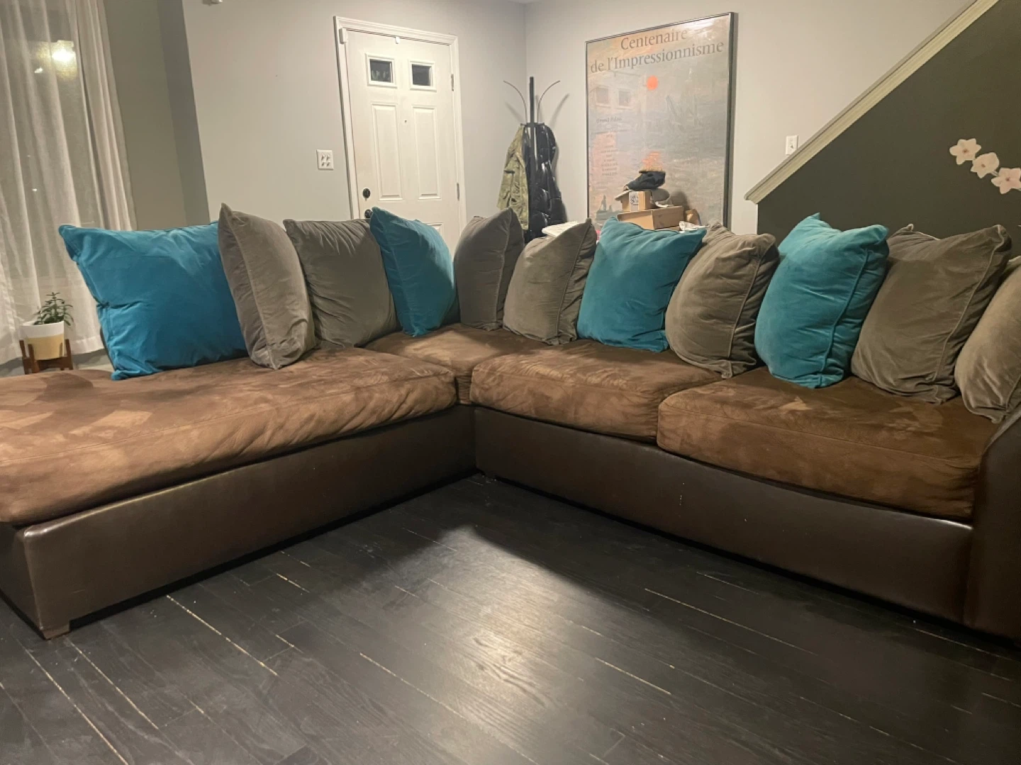 Brown Sectional Couch with Teal and Tan Pillows - photo 4