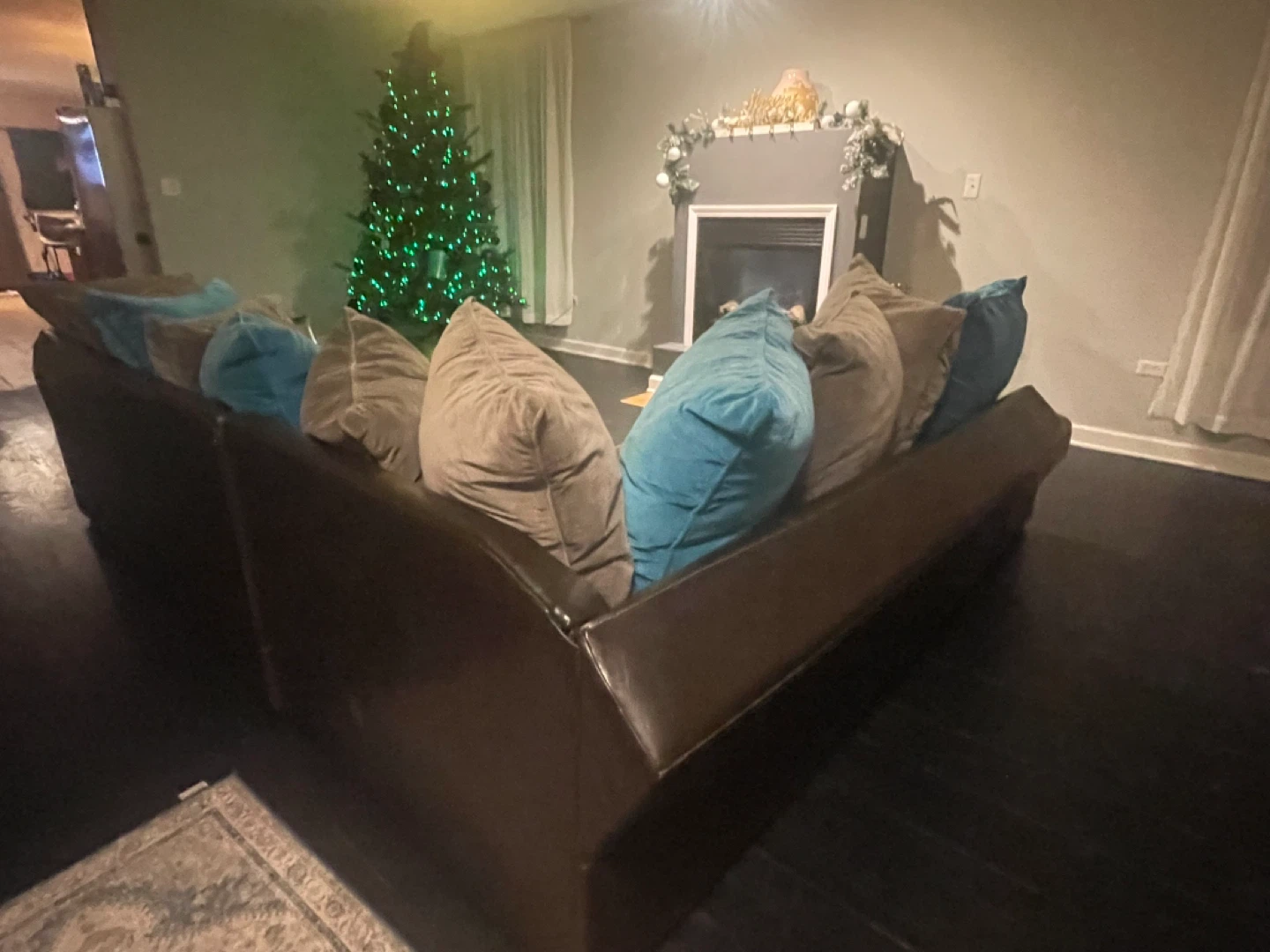 Brown Sectional Couch with Teal and Tan Pillows - photo 5