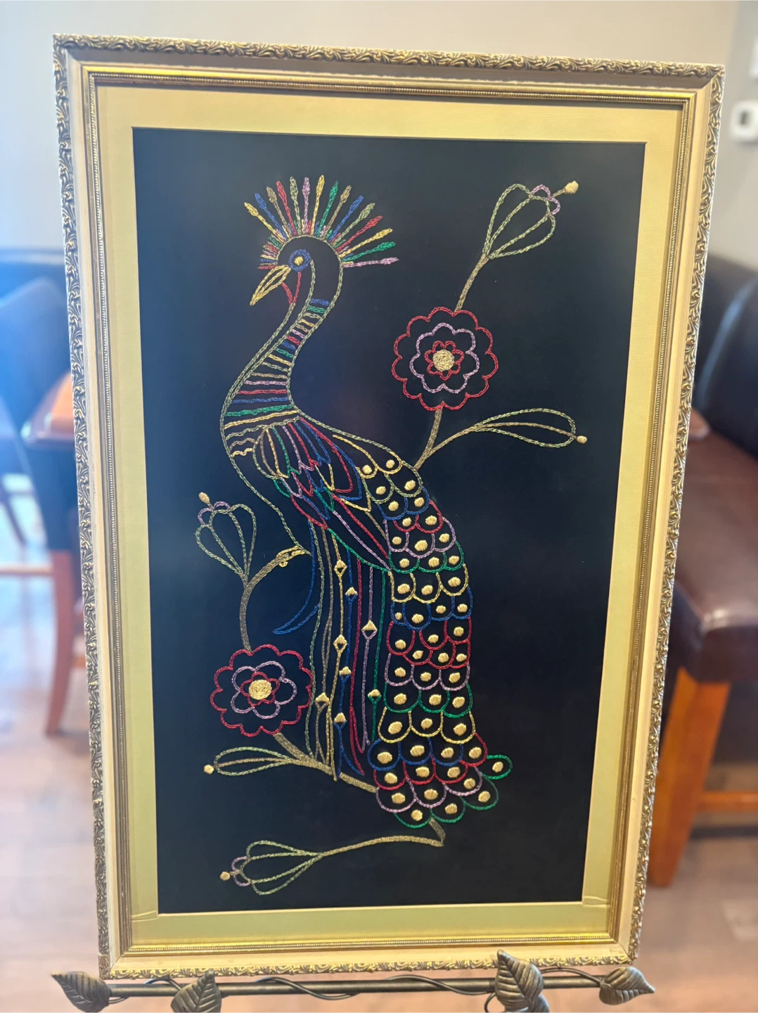 Framed Peacock Embroidery Art