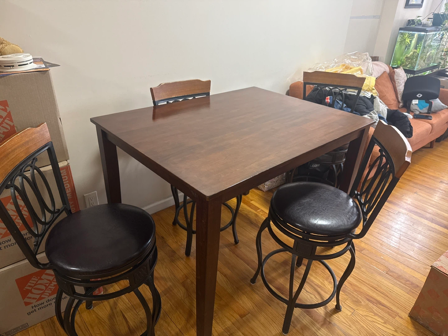 Wooden Dining Table with 4 Swivel Bar Stools