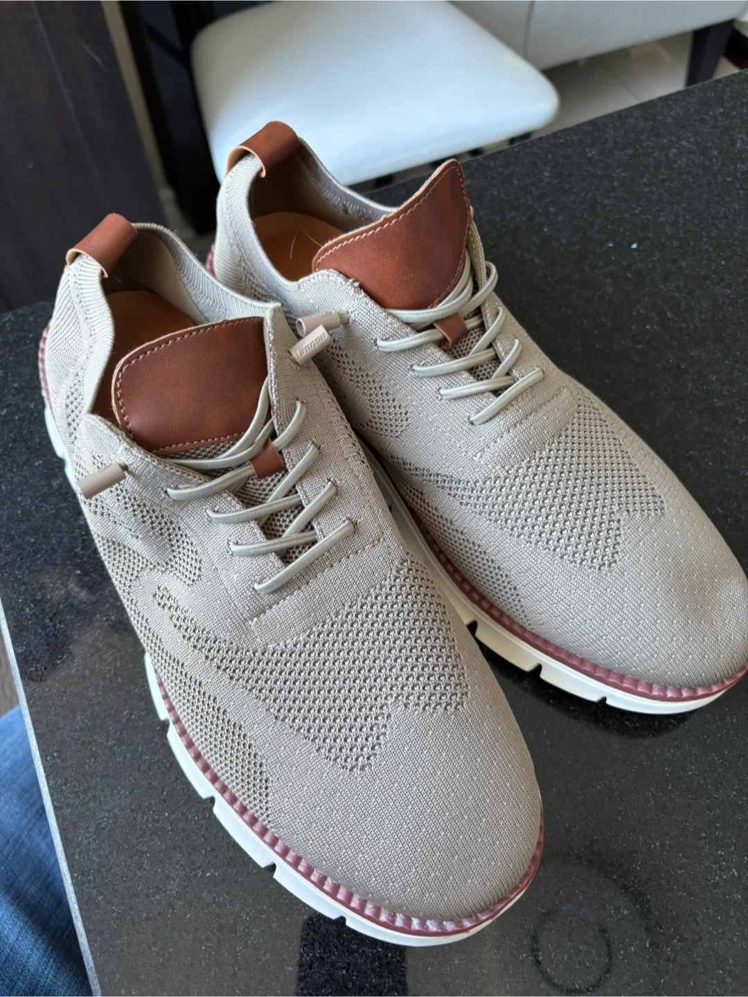 Men's Tan Knit Casual Sneaker with Brown Leather Accents