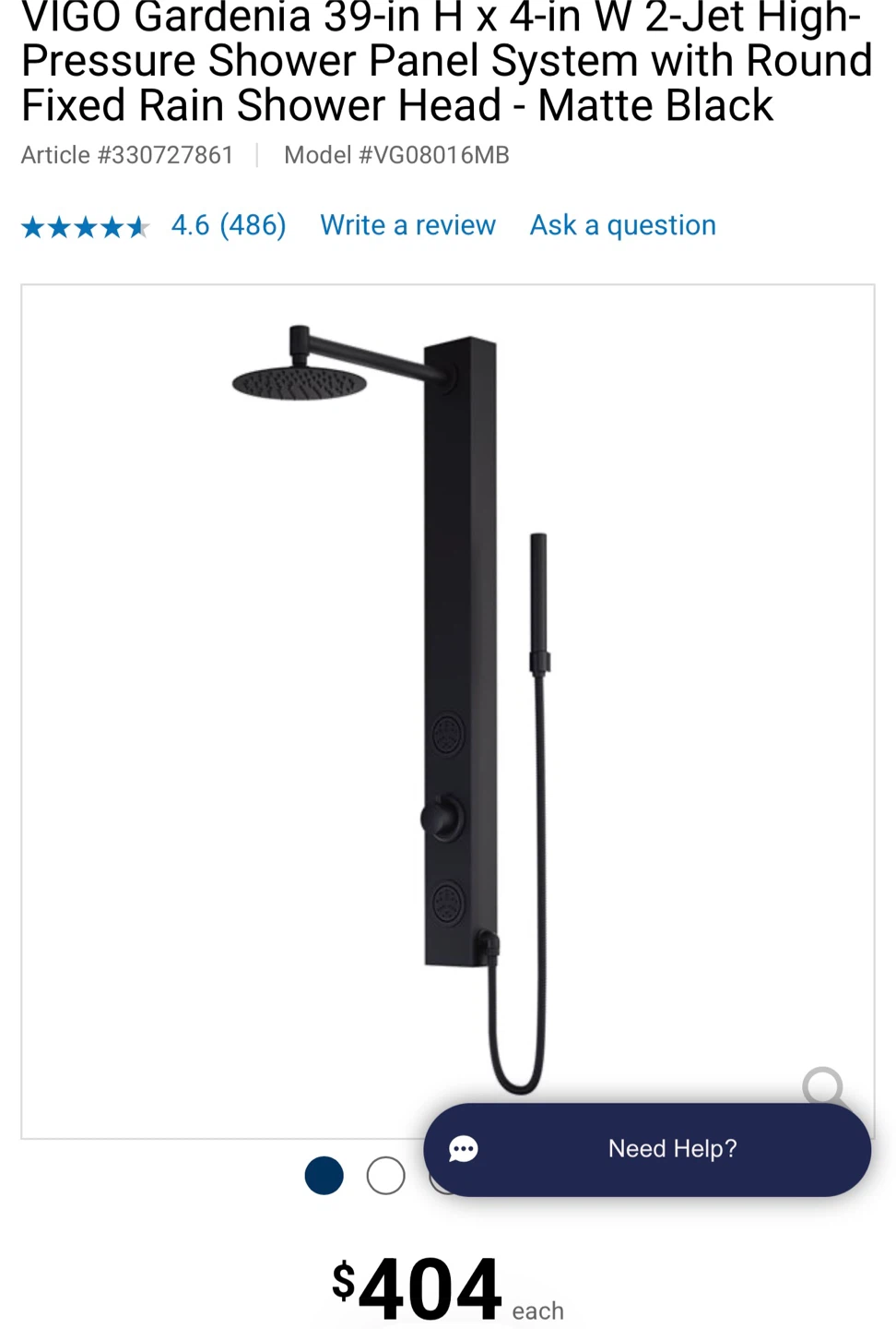 VIGO Gardenia 39-in H Matte Black 2-Jet Shower Panel System