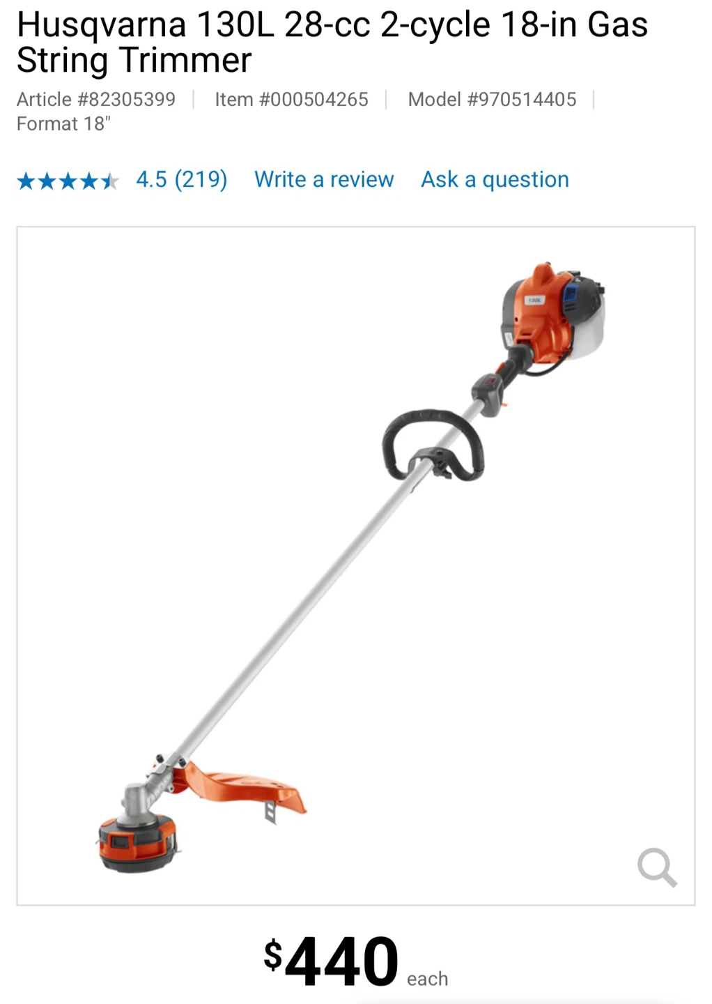 Husqvarna 130L Gas String Trimmer - 18"