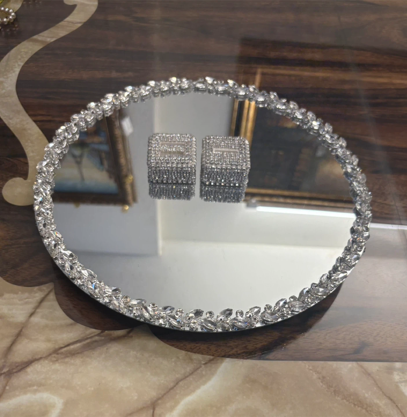 Round mirror tray with silver glass crystal rhinestone trim