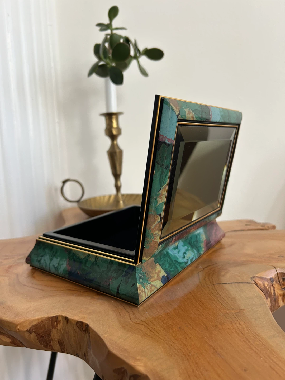 Vintage Faux Malachite Lacquer Box with Mirror Lid - photo 2
