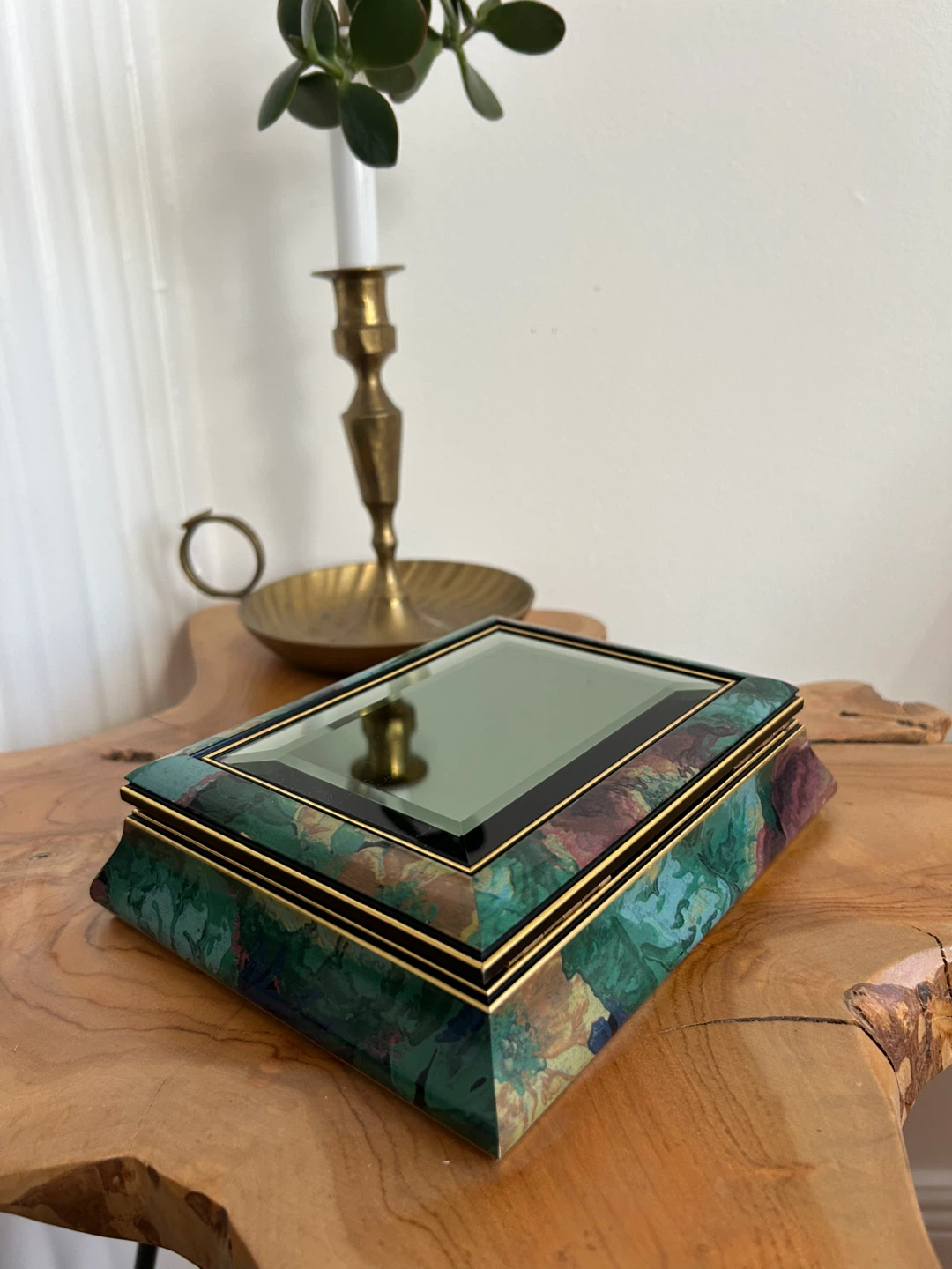 Vintage Faux Malachite Lacquer Box with Mirror Lid