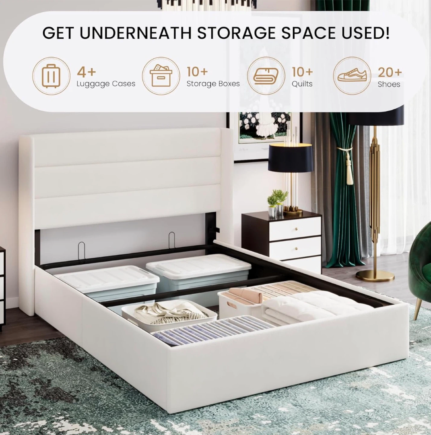 White Queen Size Storage Bed Frame with Headboard - photo 4