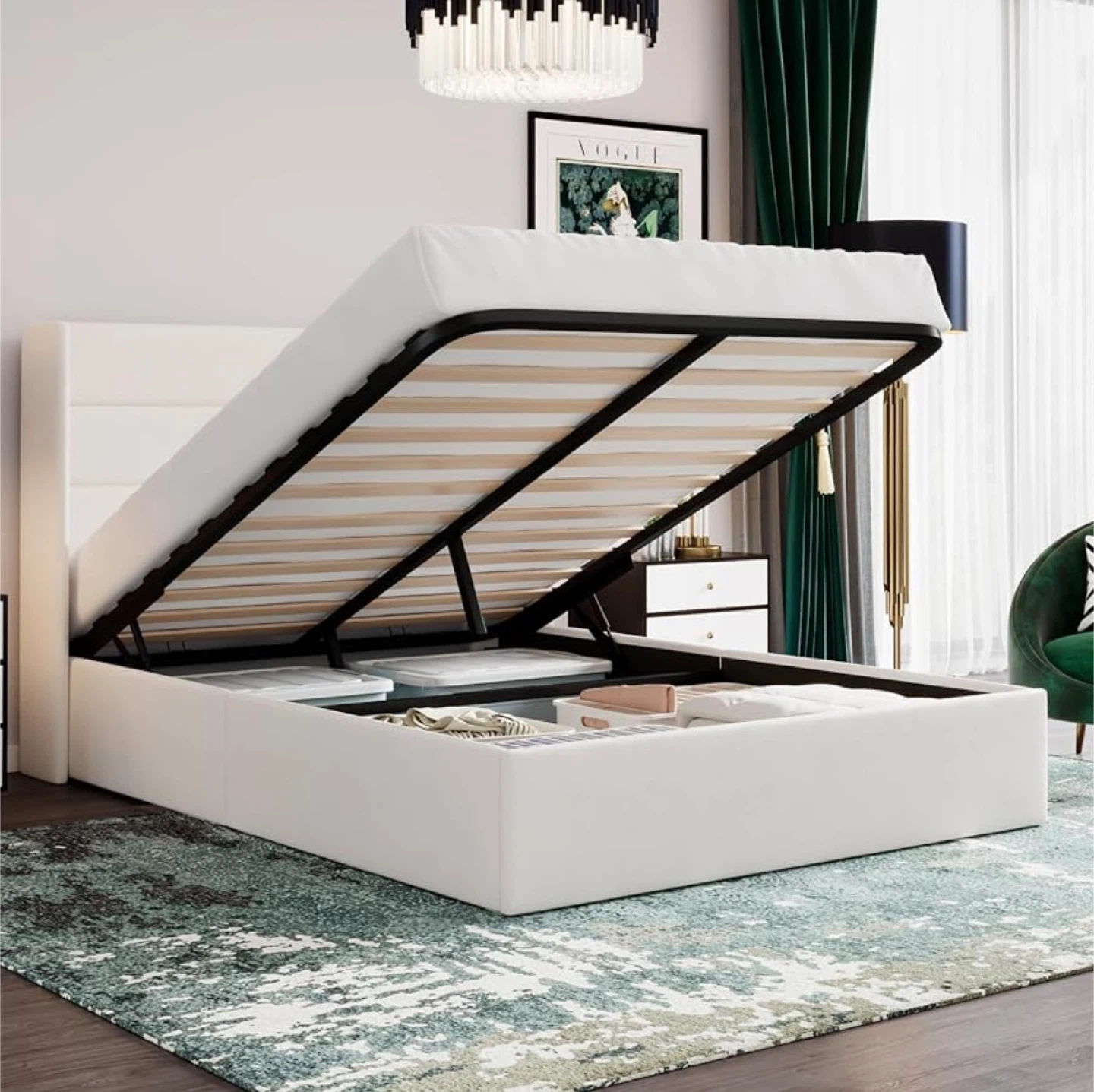White Queen Size Storage Bed Frame with Headboard - photo 3