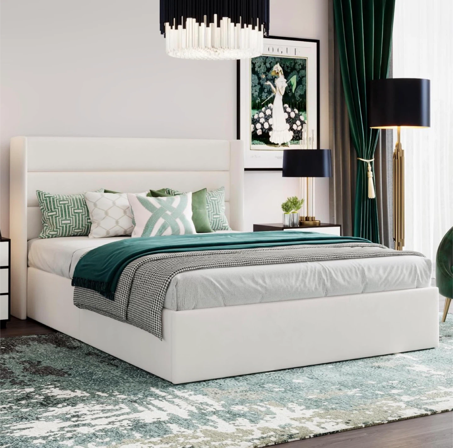 White Queen Size Storage Bed Frame with Headboard