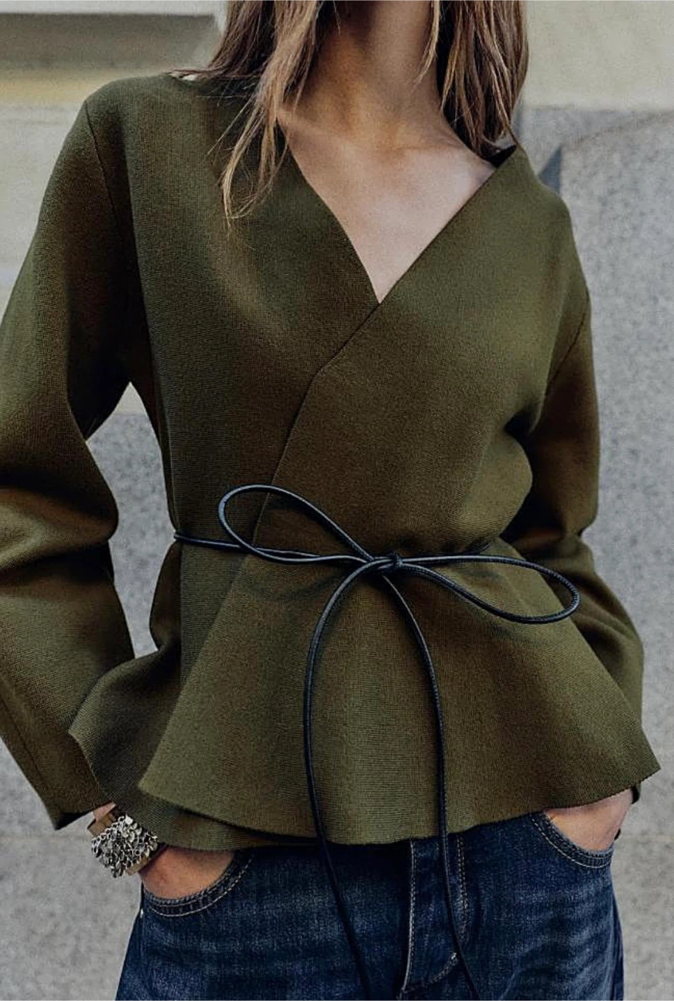 Cute Green Wrap Knit Bow Top - Size S