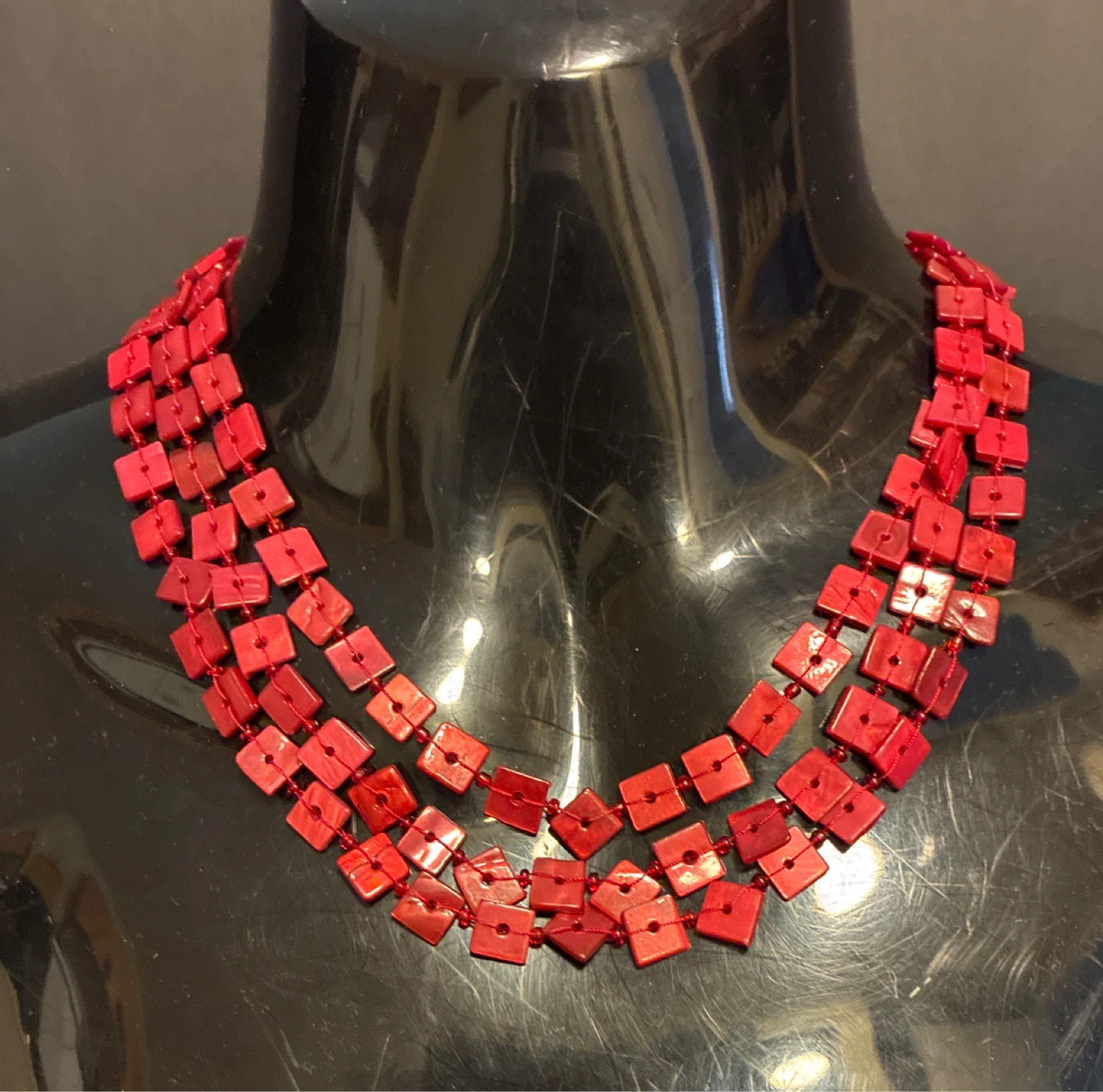 Red Square Bead Multi-Strand Necklace