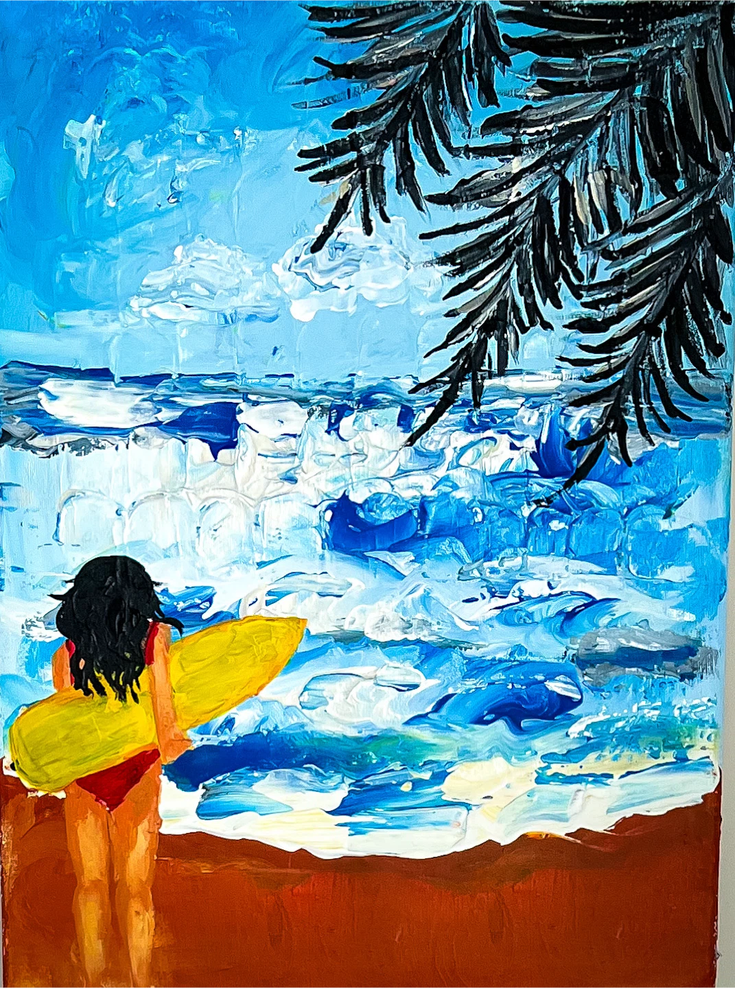 Textured Beach Painting with Surfer Girl