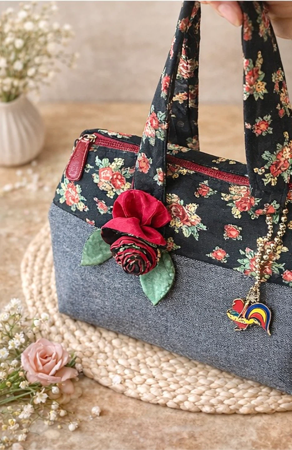 Rosy Summer Tote Bag : A denim floral print bag with charms!