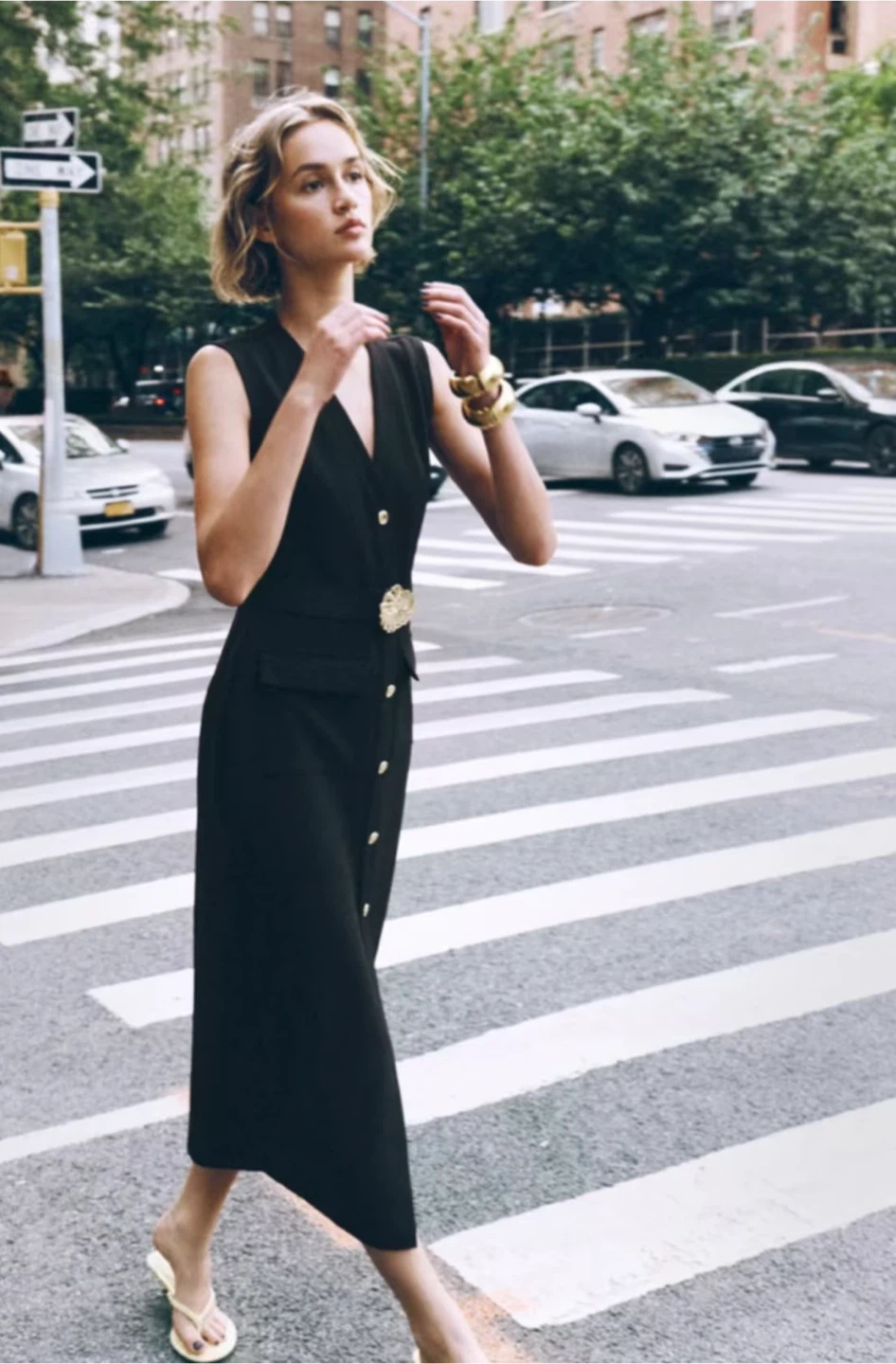 Black Sleeveless Belted Midi Dress with Gold Buttons