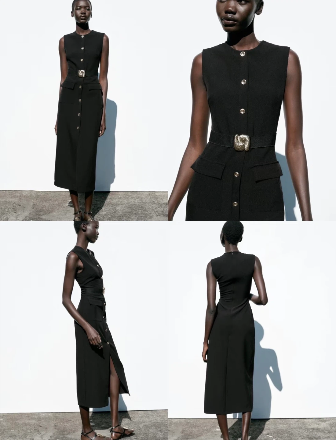 Black Sleeveless Belted Midi Dress with Gold Buttons - photo 2