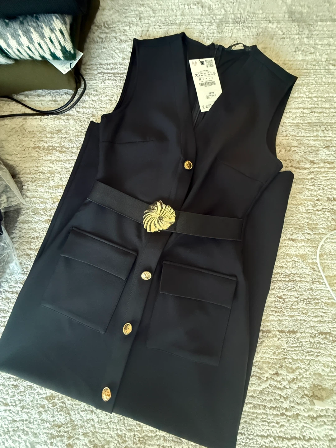 Black Sleeveless Belted Midi Dress with Gold Buttons - photo 3