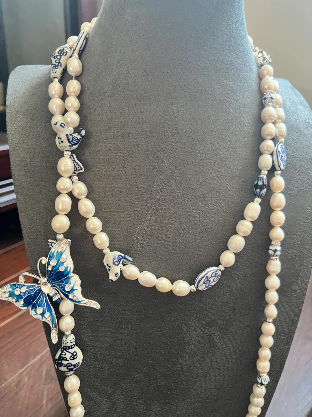 Pearl Necklace with Blue and White Porcelain Charms