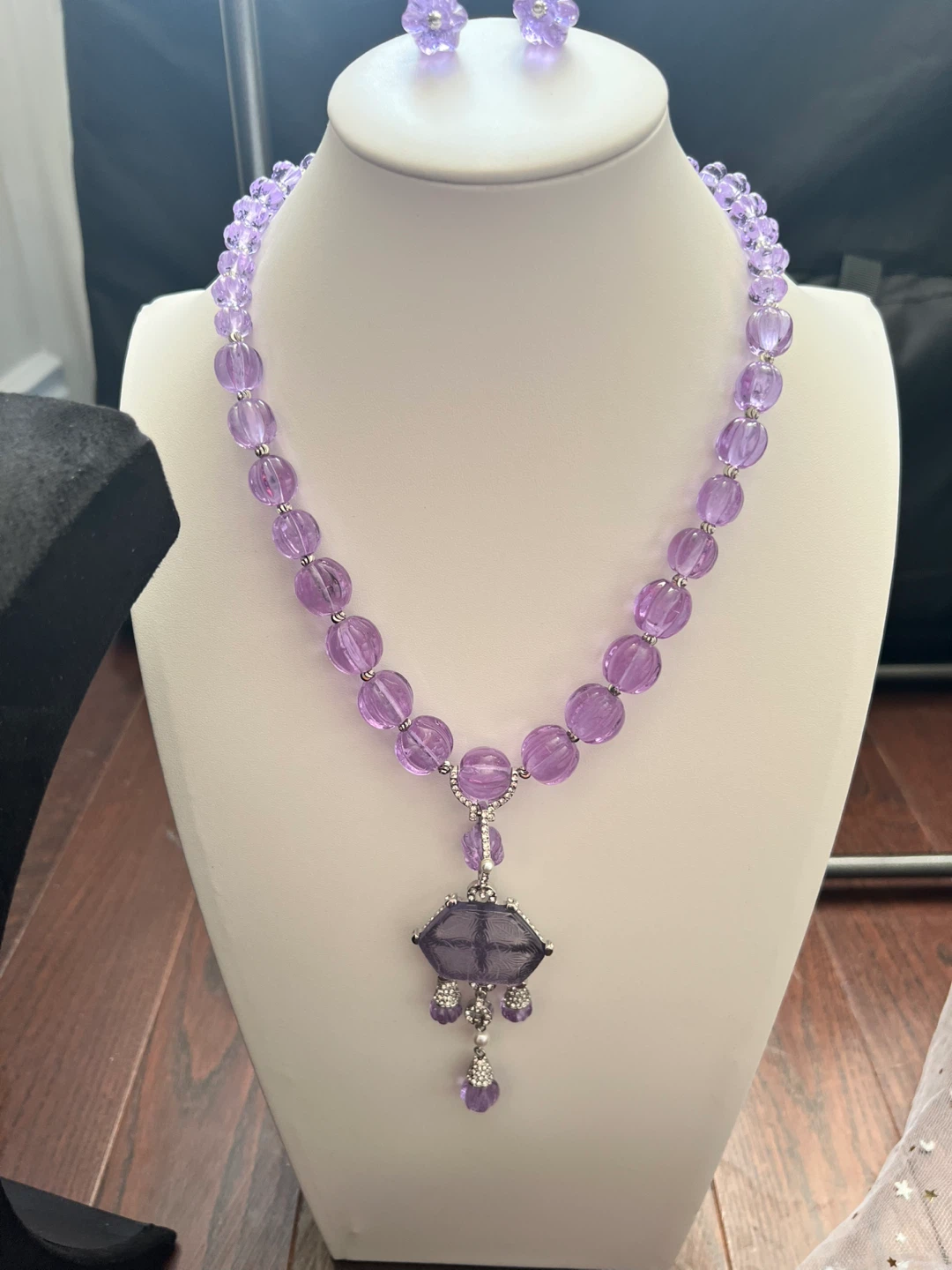 Purple Beaded Necklace and Flower Earrings Set