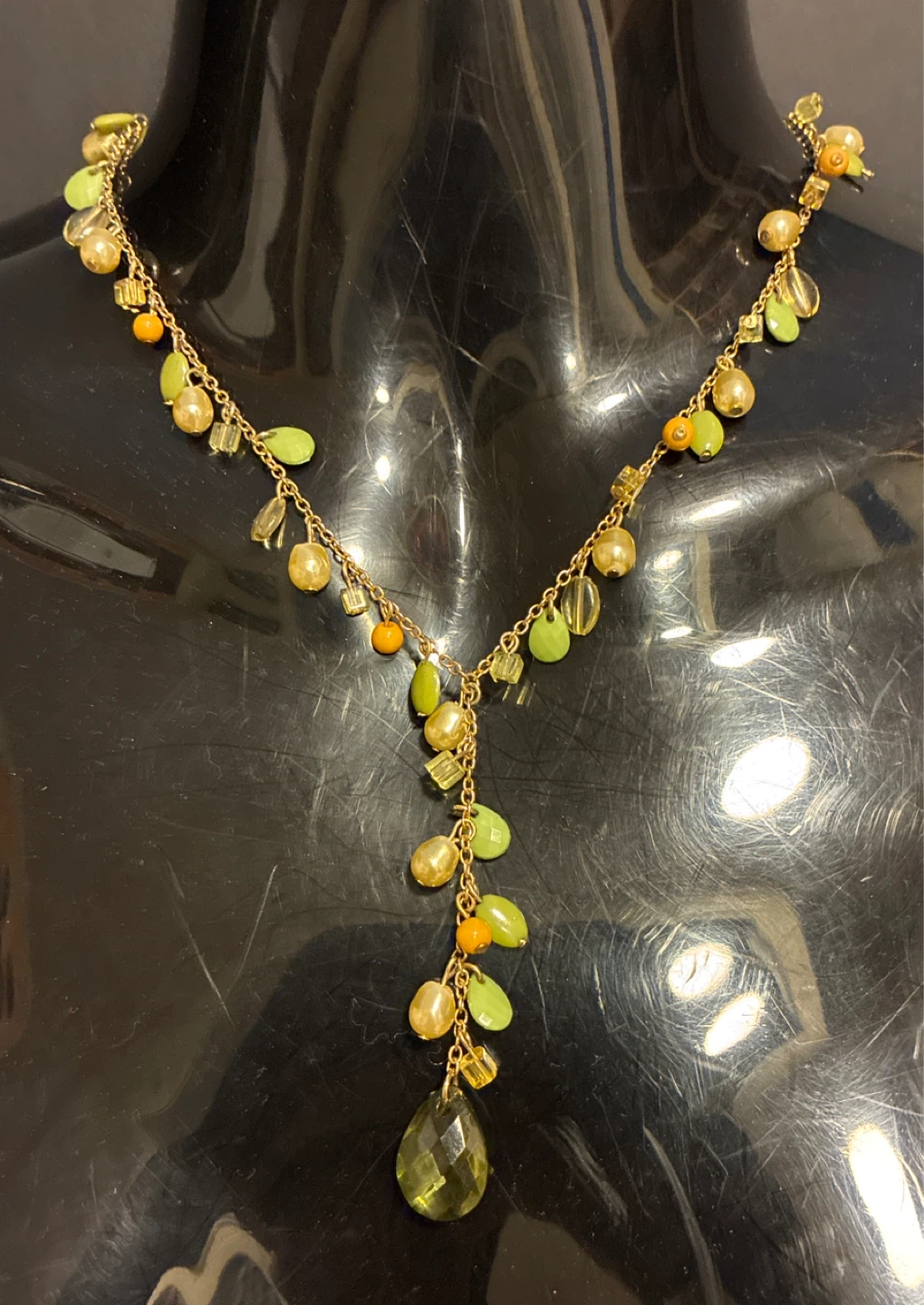 Gold-tone Beaded Necklace with Green and Orange Accents
