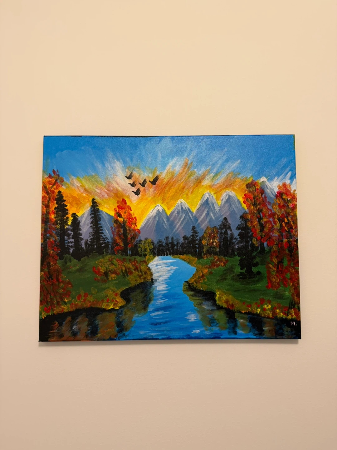 Acrylic Painting - Mountain River Sunset