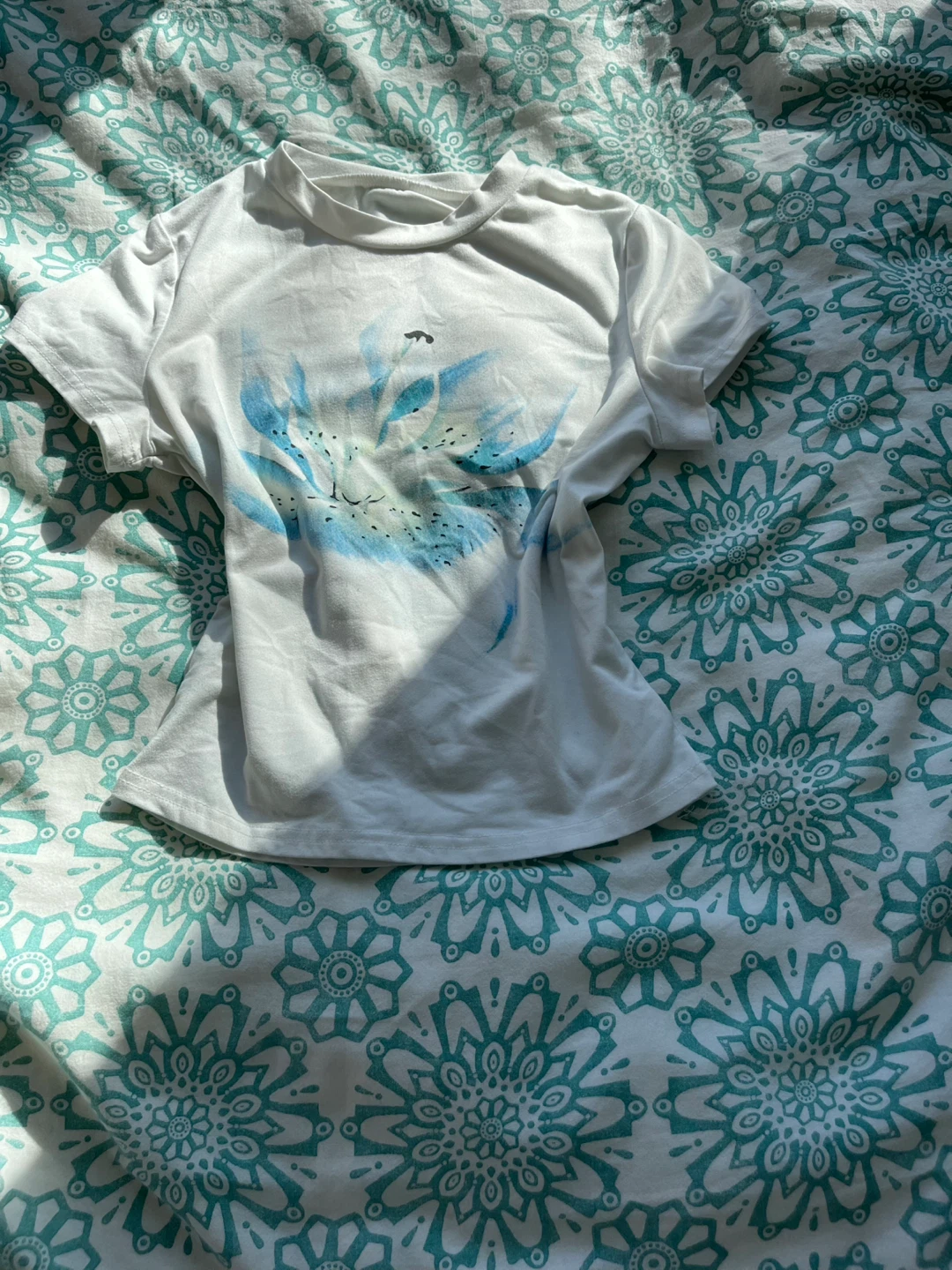 White T-Shirt with Blue Floral Print - Size S