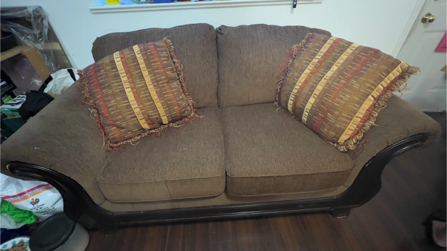 Brown Loveseat Sofa with Decorative Pillows