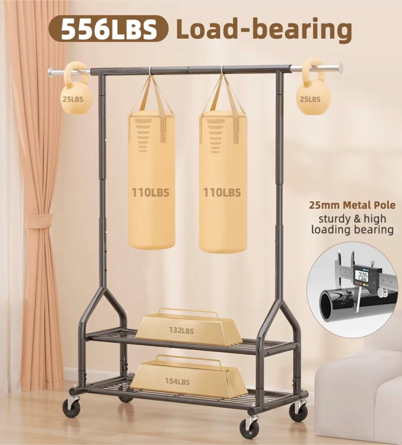 BRAND NEW: Rolling Clothes Rack with 2 Shelves